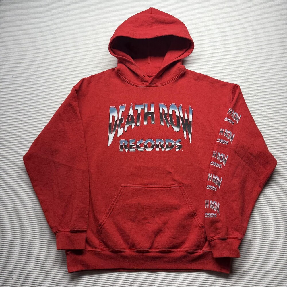 Death Row Records Hoodie Mens Large Red Pullover Fleece Sleeve Logo Graphic